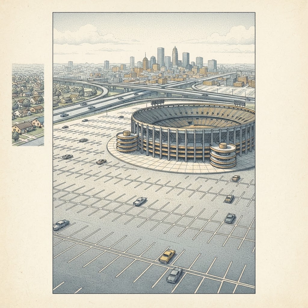 Interpretive illustration of a mid-century multi-purpose concrete stadium in a vast surface parking lot