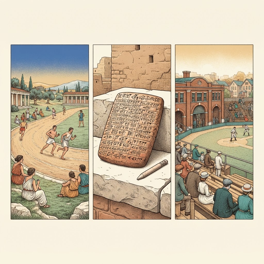 Interpretive three-panel editorial illustration linking an ancient Greek running track, a Mesopotamian clay property tablet, and an early urban baseball ballpark