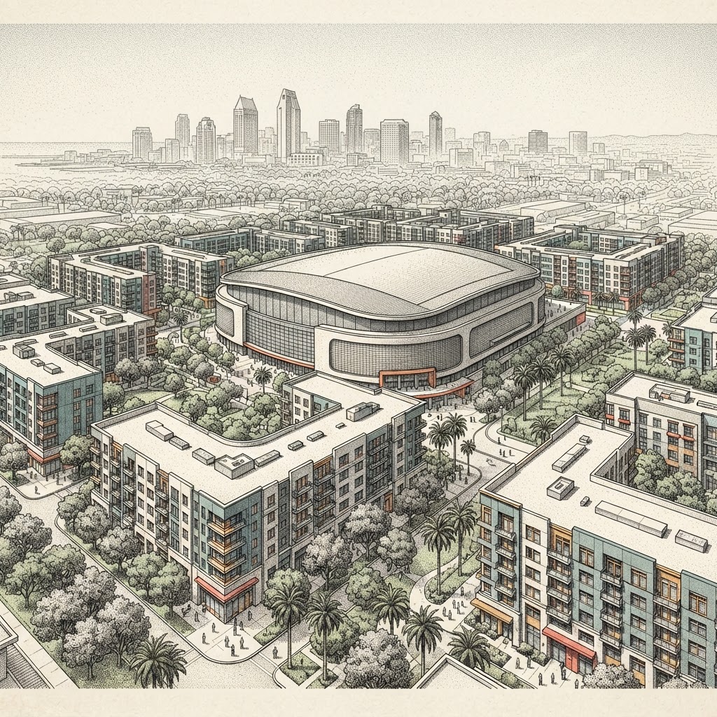 Conceptual editorial illustration of the proposed Midway Rising redevelopment of the San Diego Sports Arena site