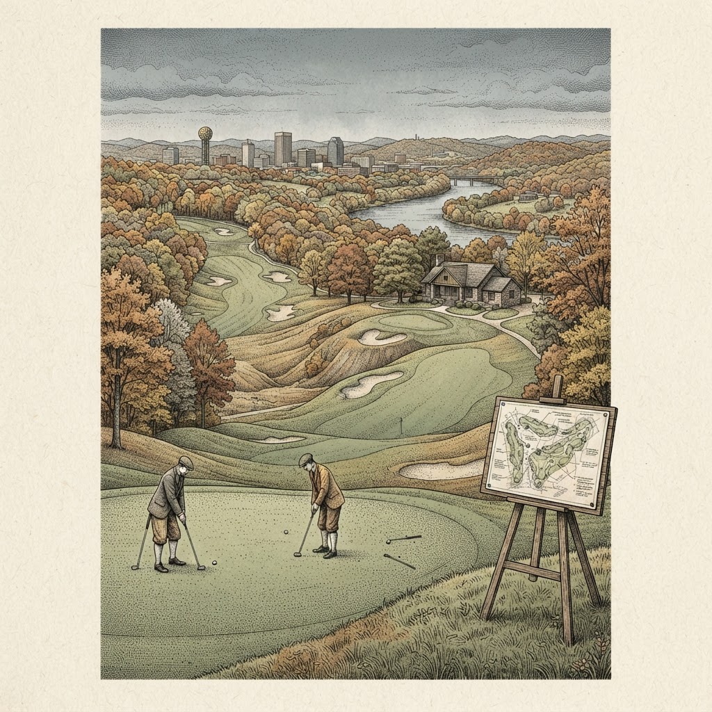 Editorial illustration of a Knoxville municipal golf course among autumn hardwood ridges