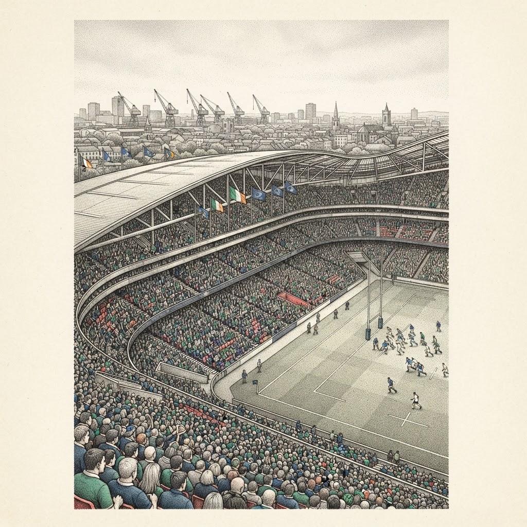 Editorial illustration of a full house of rugby fans at the redeveloped Laya Arena in Dublin