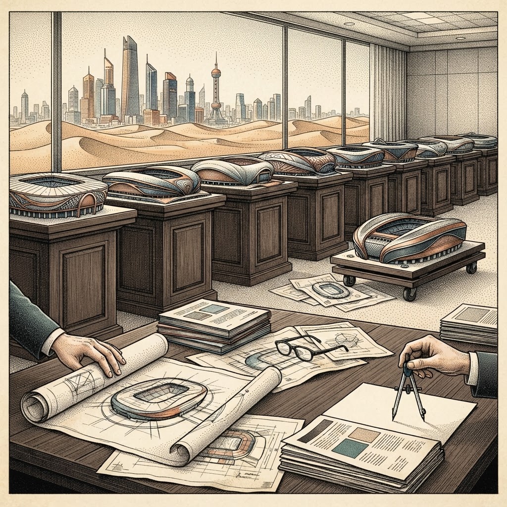 Interpretive editorial illustration of stadium models being set aside amid reported cutbacks to Saudi Arabia's World Cup venue program