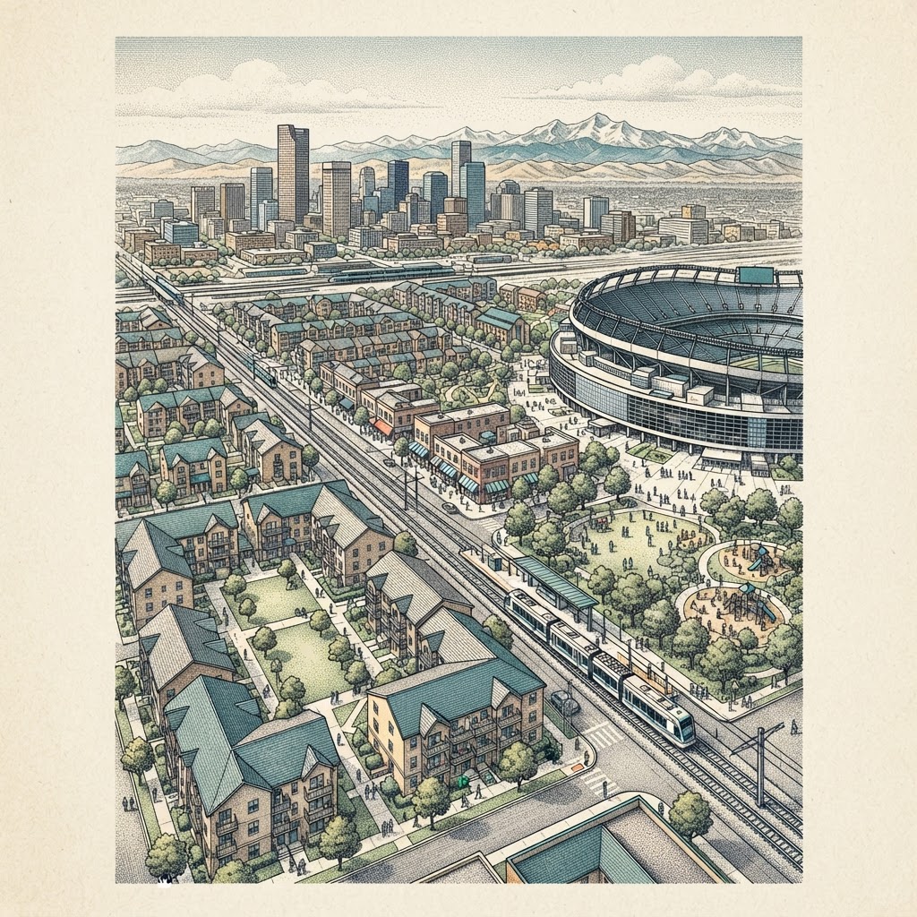 Conceptual editorial illustration of housing, transit and parkland planned around the Broncos stadium site at Denver's Burnham Yard