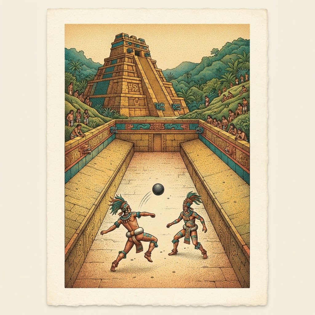 Interpretive engraving of an ancient Mesoamerican I-shaped ballcourt with players and a temple platform