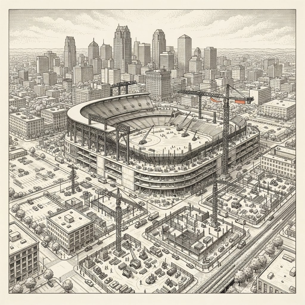 Ink-engraved street-level elevation of a modern stadium with mixed-use storefronts