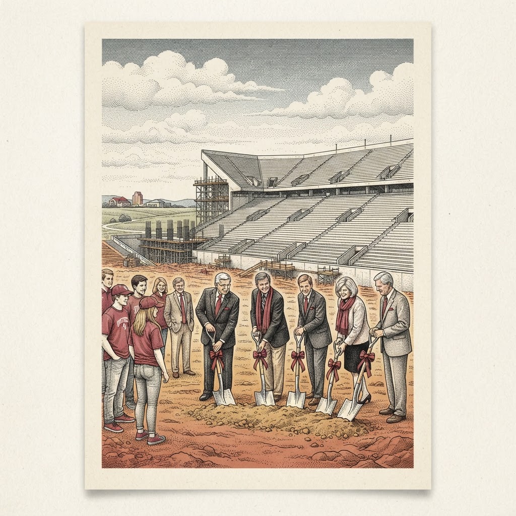 Editorial illustration of the Kimrey Family Stadium groundbreaking at the University of Oklahoma