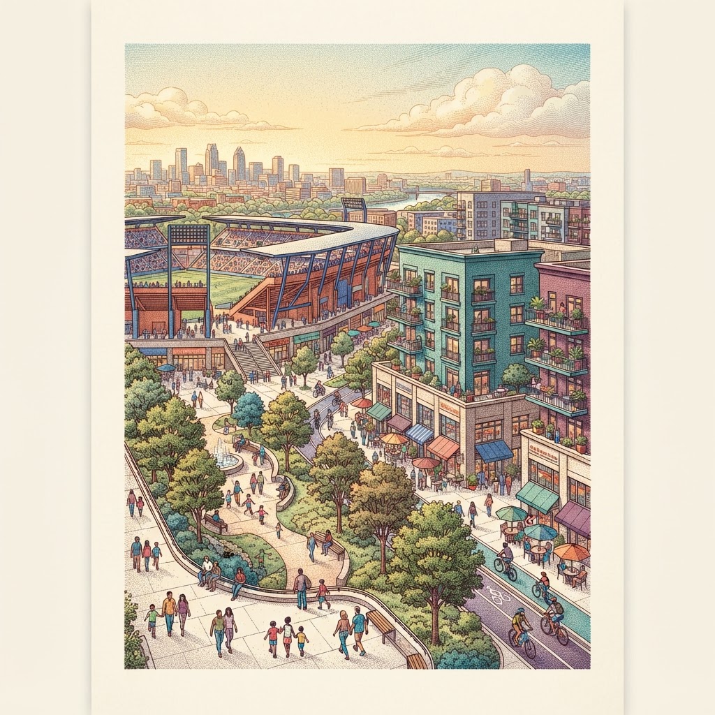 Interpretive illustration of a contemporary sports district with a stadium, apartment buildings, a public park, and pedestrians on a plaza