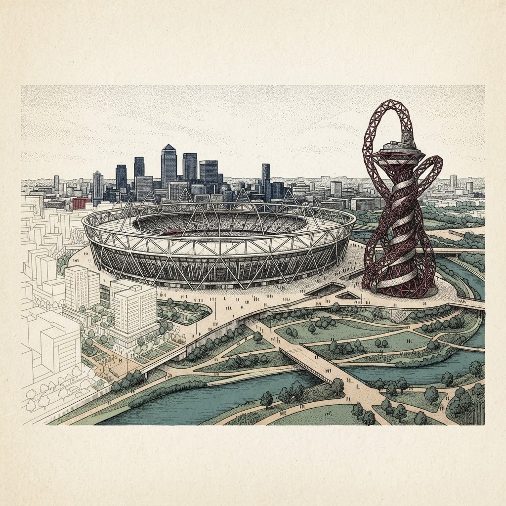 Editorial illustration of London Stadium at Queen Elizabeth Olympic Park with the Orbit sculpture beside it