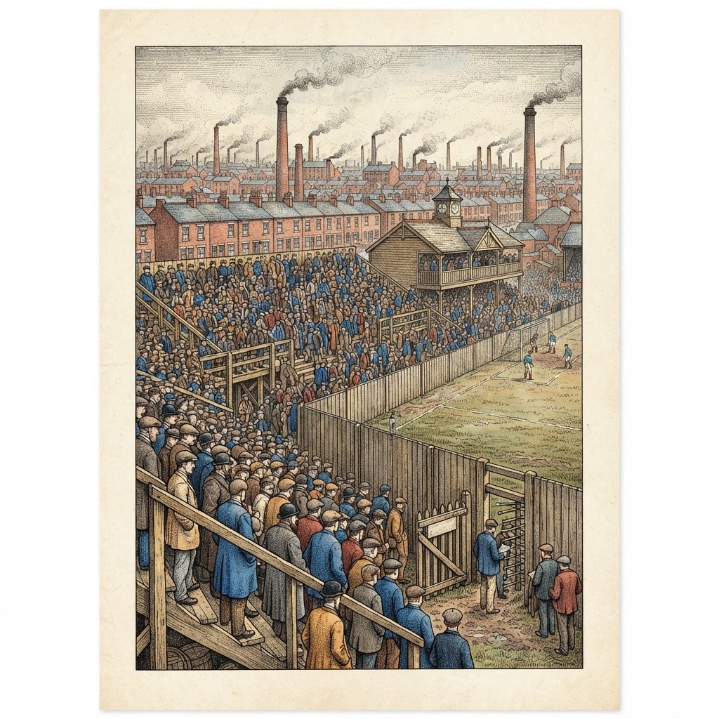 Interpretive engraving of a late nineteenth-century enclosed football ground with packed wooden terraces and factory chimneys beyond