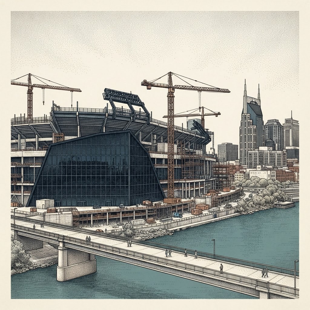 Editorial illustration of the new Titans stadium rising on Nashville's East Bank beside the Cumberland River