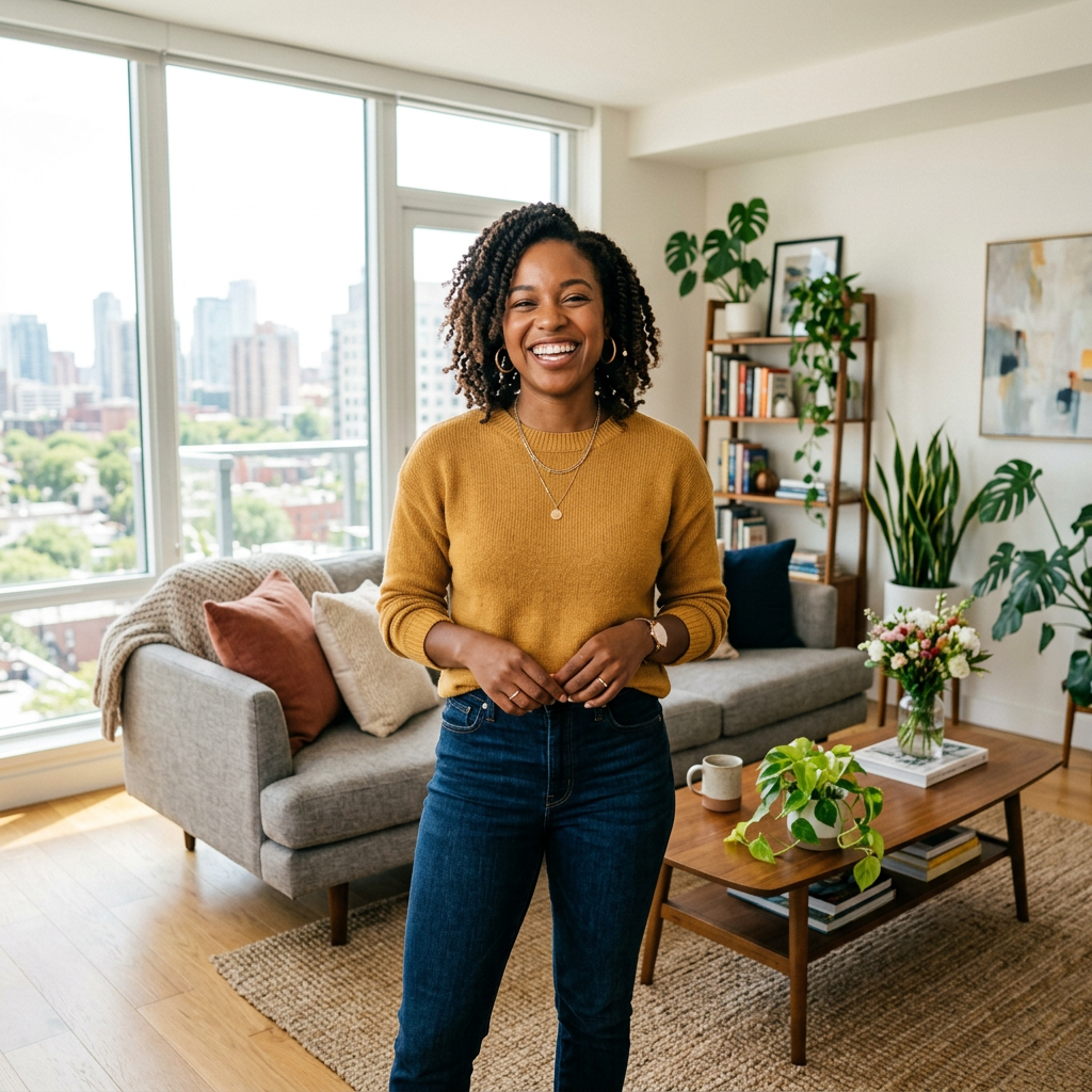 Happy Black woman renter in modern apartment