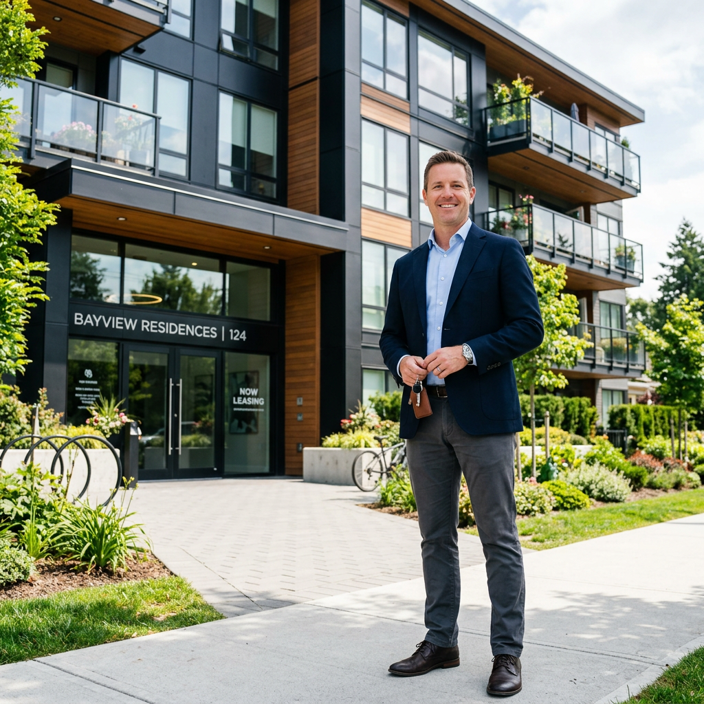 Property owner in front of rental building