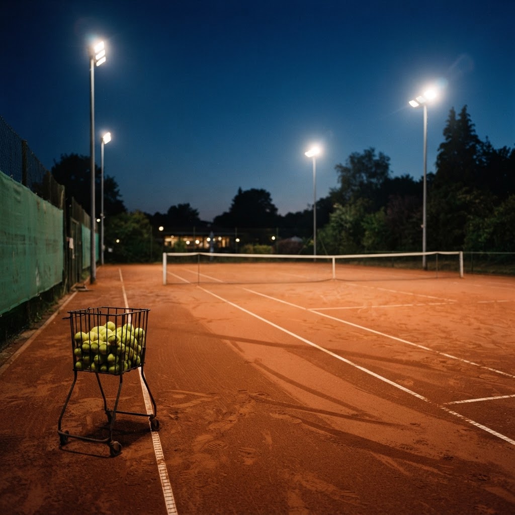 Tennisplatz bei Flutlicht in der Abenddämmerung
