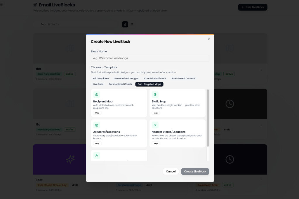 Email LiveBlocks template gallery showing geo-targeted map options including Recipient Map, Static Map, All Stores, and Nearest Stores