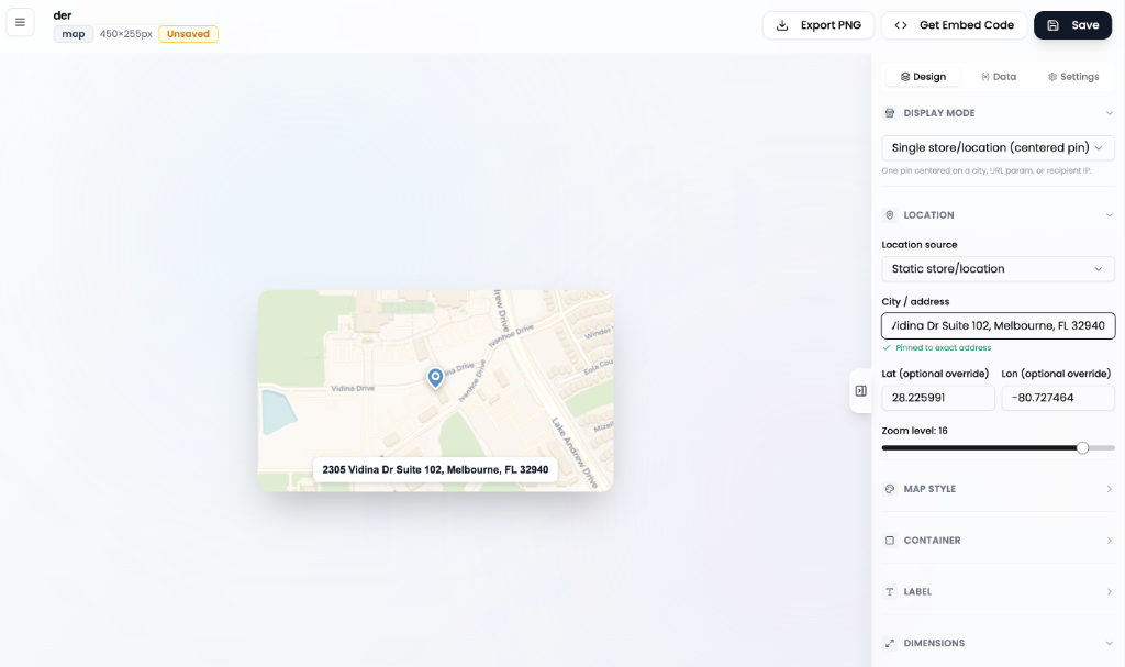 Email LiveBlocks editor showing a geo-targeted map block with style controls