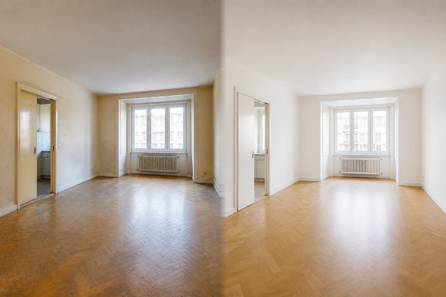 Rénovation salon à Genève — parquet et murs, avant/après