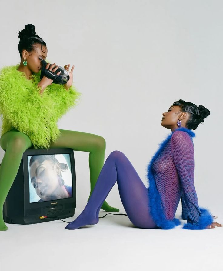 Colourful lime and violet fashion editorial