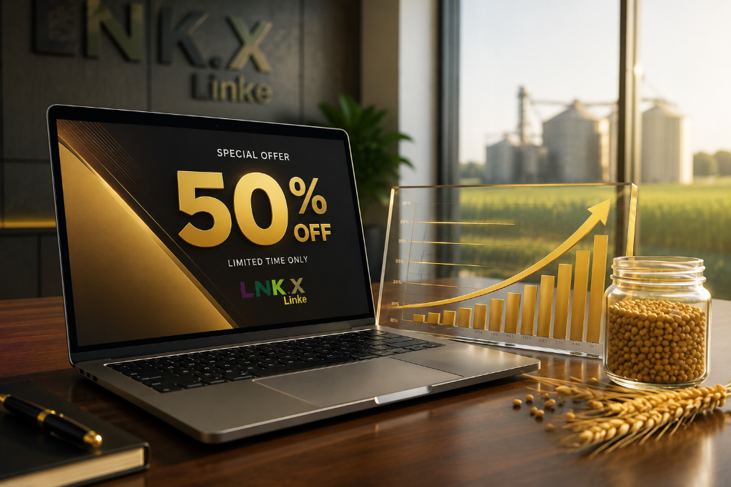 Mesa da LNK.X com notebook exibindo promoção de 50 por cento e gráfico de crescimento