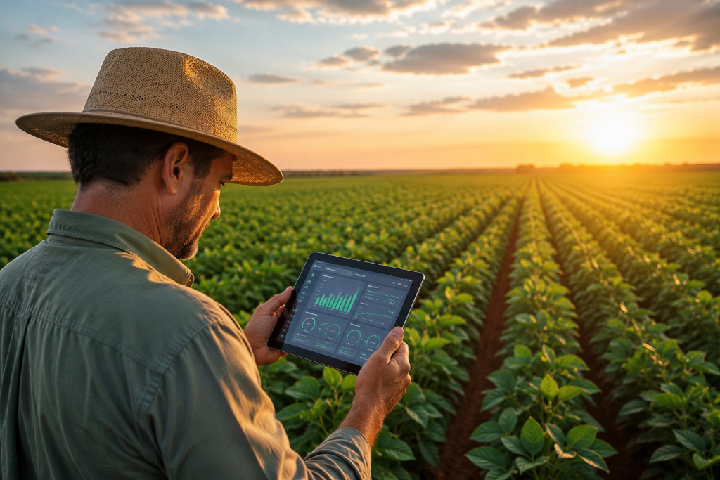 Produtor acompanhando dados da lavoura pelo tablet ao pôr do sol