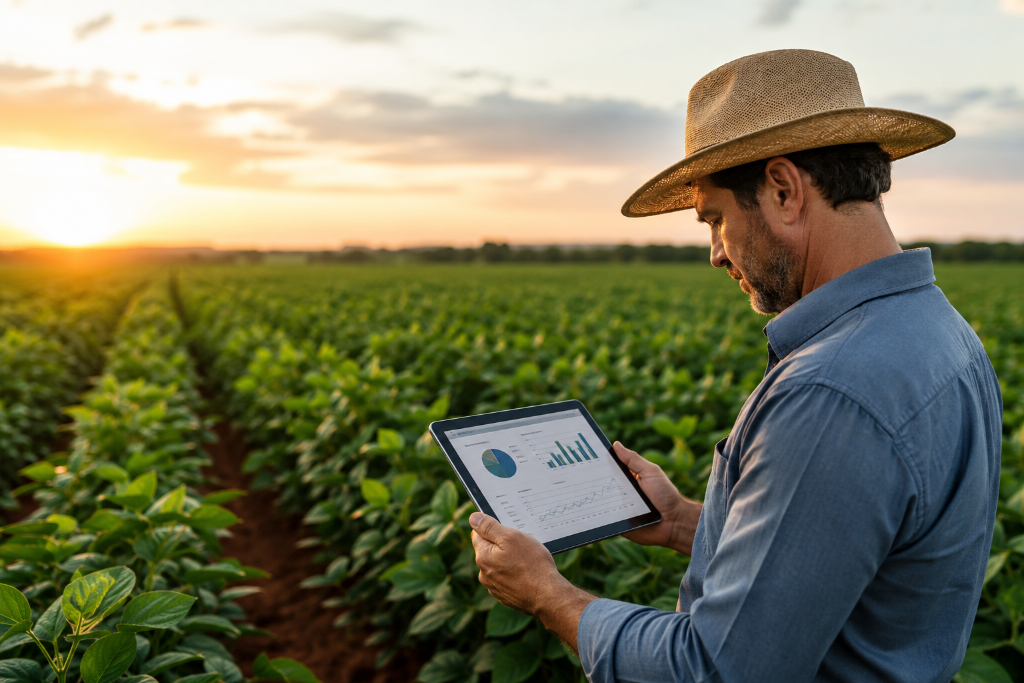 Produtor analisando resultados da lavoura com tablet