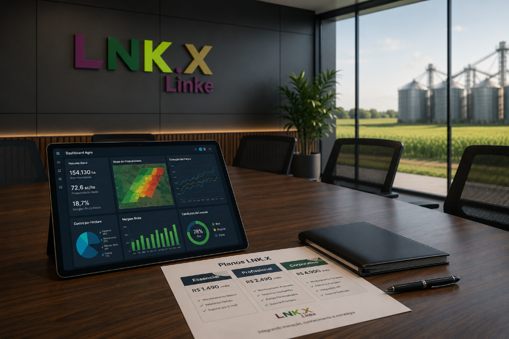Sala da LNK.X com mesa de reunião, dashboard e tabela de planos e preços