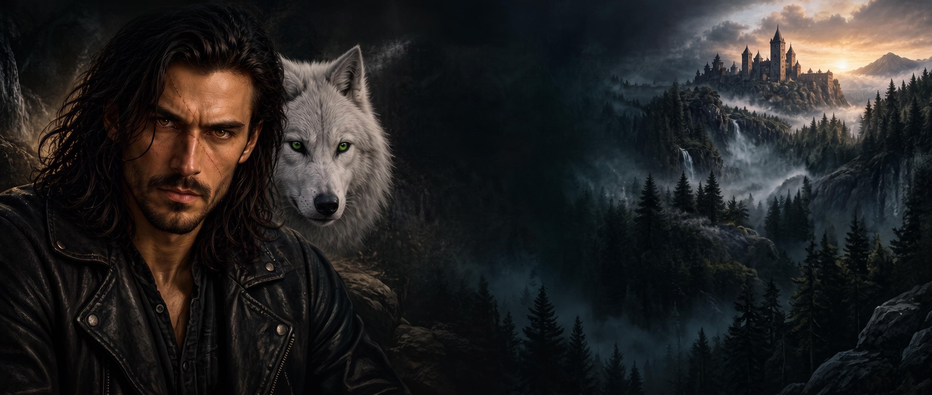 Jethro Elijah Deveraux beside a silver wolf, with a distant castle above a misty forest