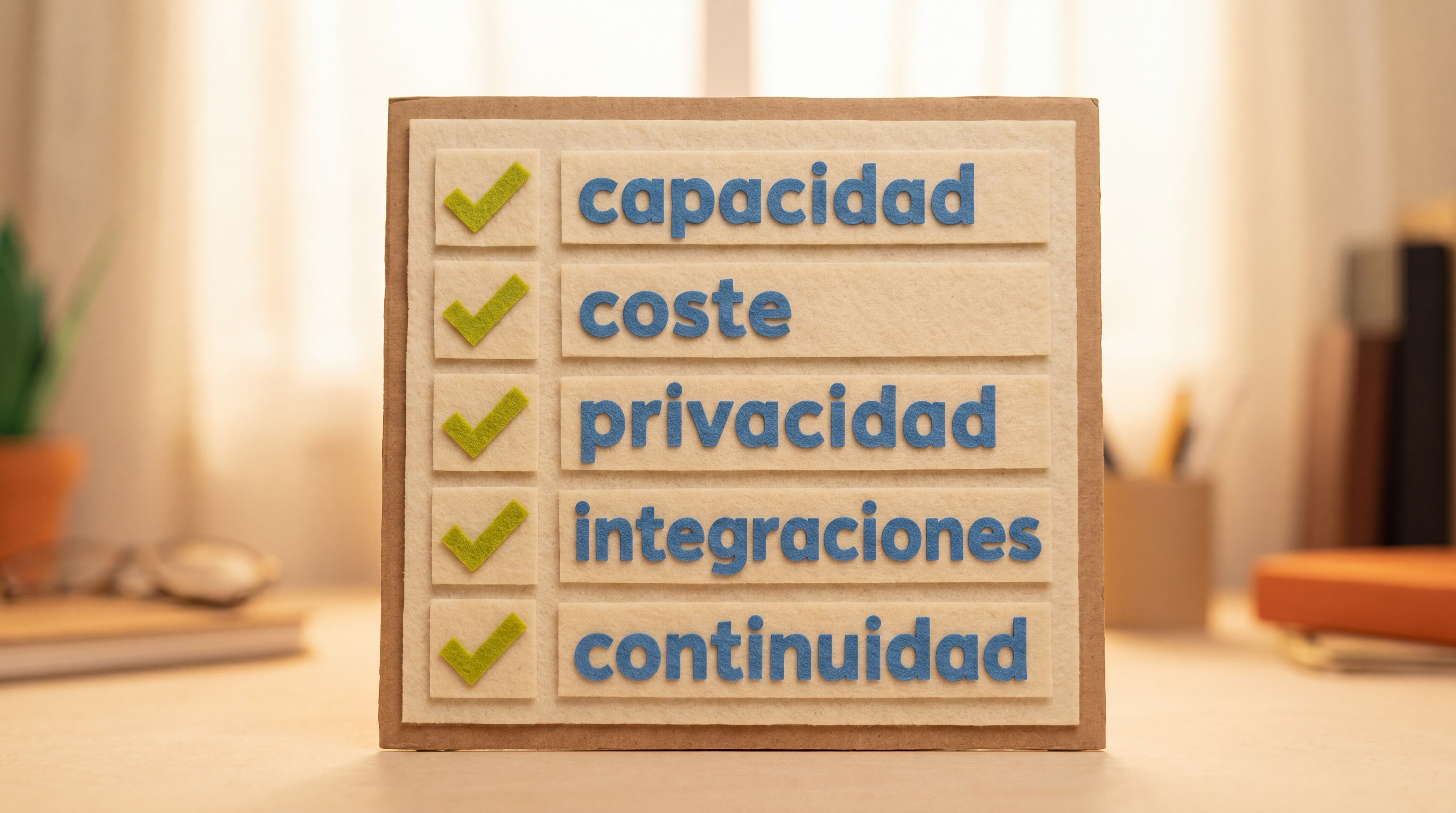 Criterios para elegir herramienta: capacidad, coste, privacidad, integraciones y continuidad.