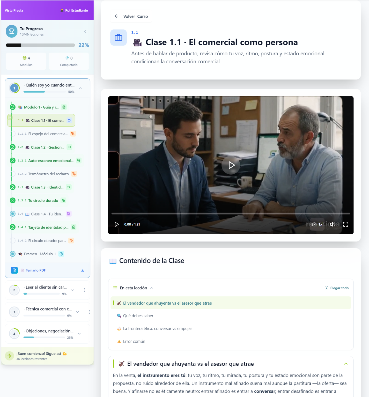 Cada clase: vídeo, temario del módulo y contenido estructurado paso a paso.