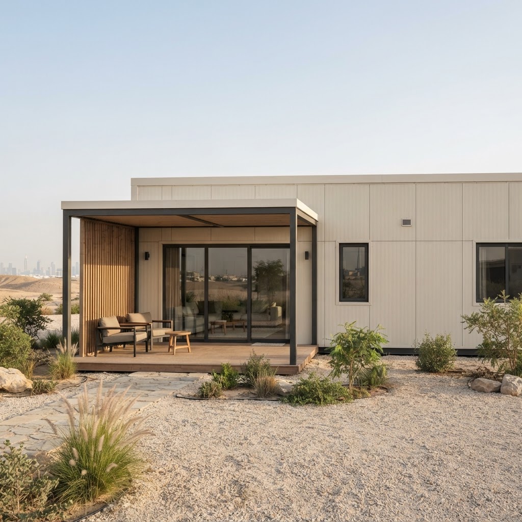 Concept visualisation of a modern metal modular house with a covered timber terrace and sliding glass doors