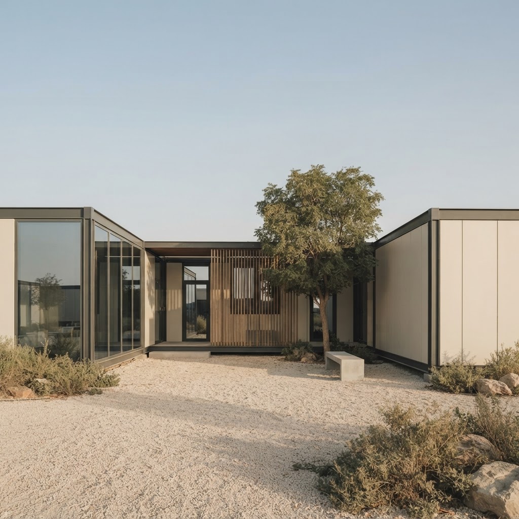 Concept visualisation of an L-shaped multi-purpose metal pavilion arranged around a shaded courtyard