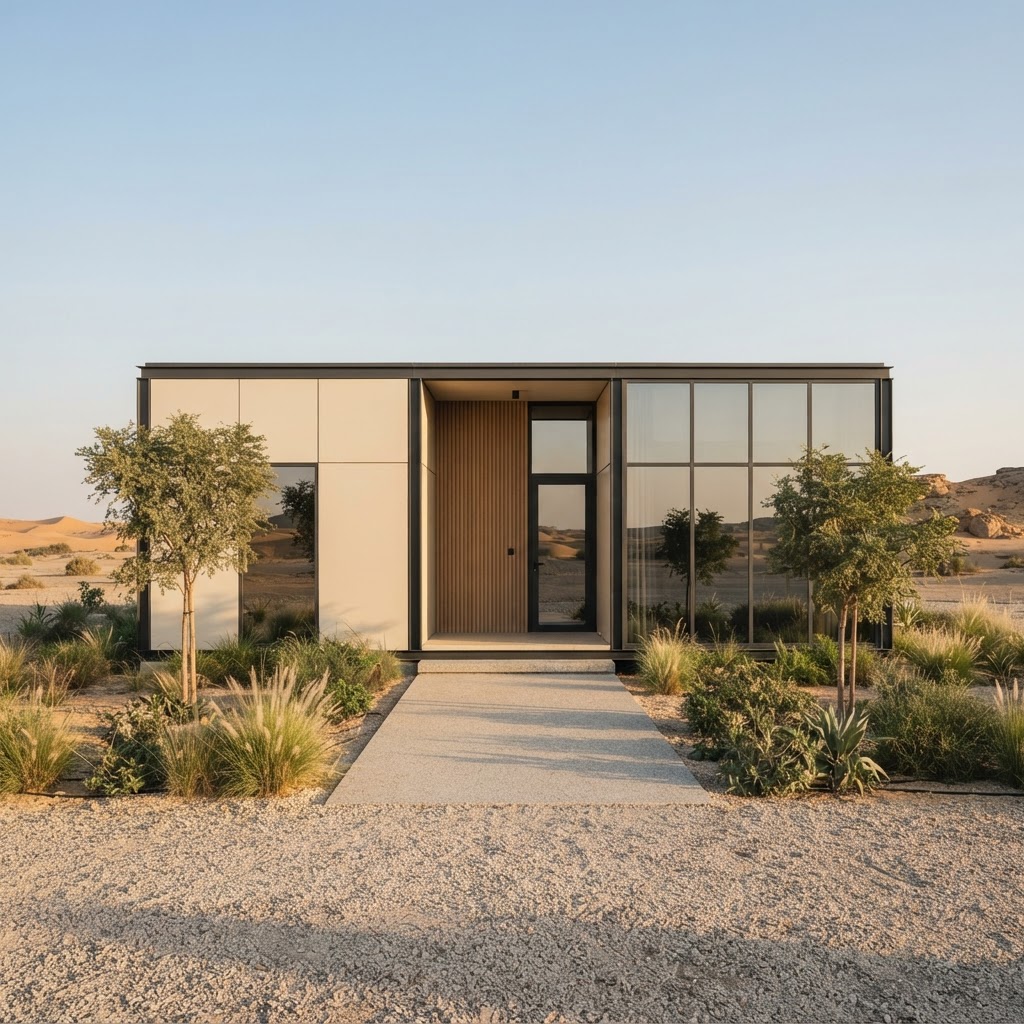 Concept visualisation of a single-storey metal modular residence pavilion with sand-toned panel cladding, dark steel frames and full-height glazing in a landscaped desert setting