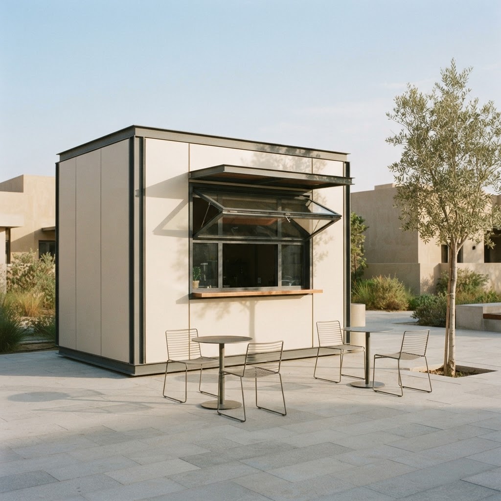 Concept visualisation of a compact modular café with a serving window, timber counter and outdoor seating