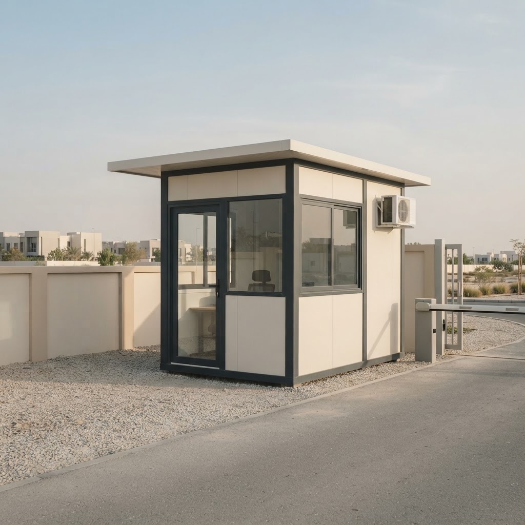 Concept visualisation of a metal security guardhouse with visibility windows beside a site entrance barrier