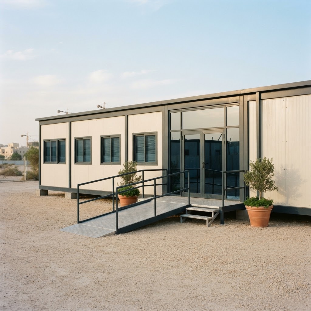 Concept visualisation of a two-module site office with a glazed entrance and accessible ramp