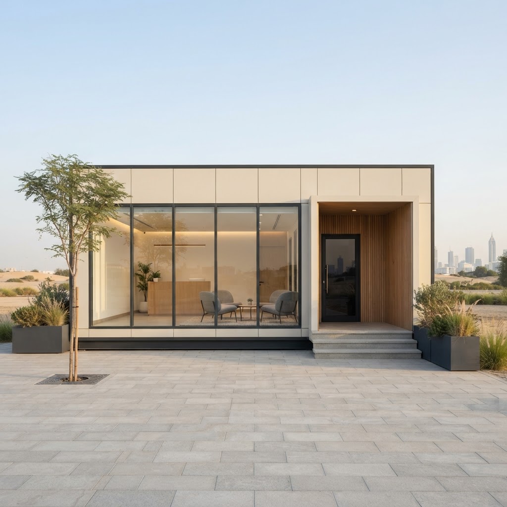 Concept visualisation of a glazed modular showroom and reception unit with a timber-lined entrance recess