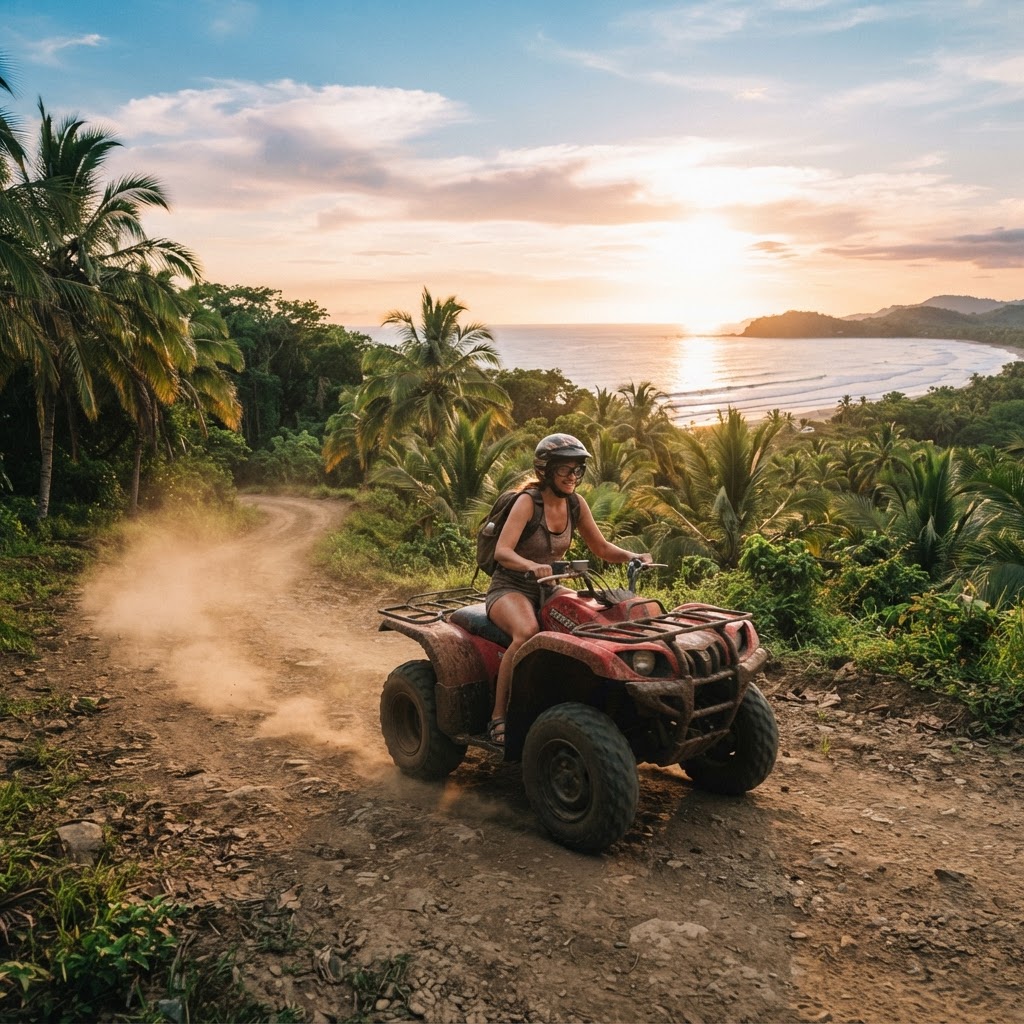 Rider on an ATV cruising a dirt road in Santa Teresa, Costa Rica
