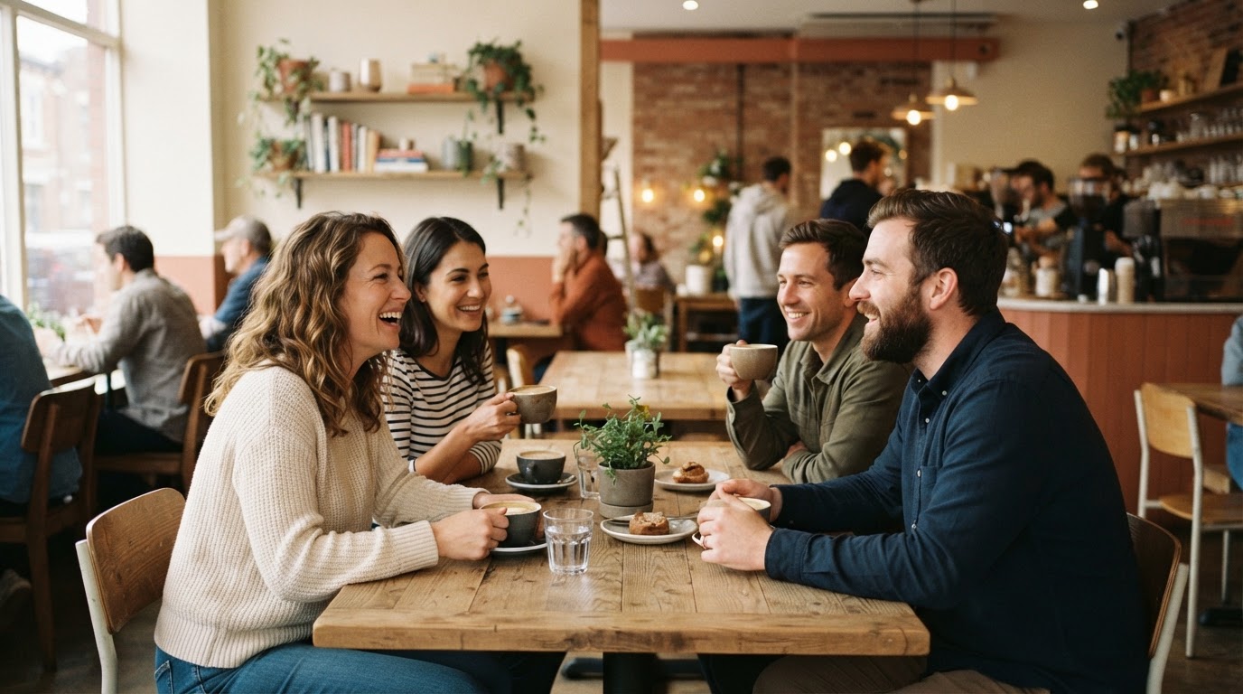 People chatting together in a sunlit cafรฉ