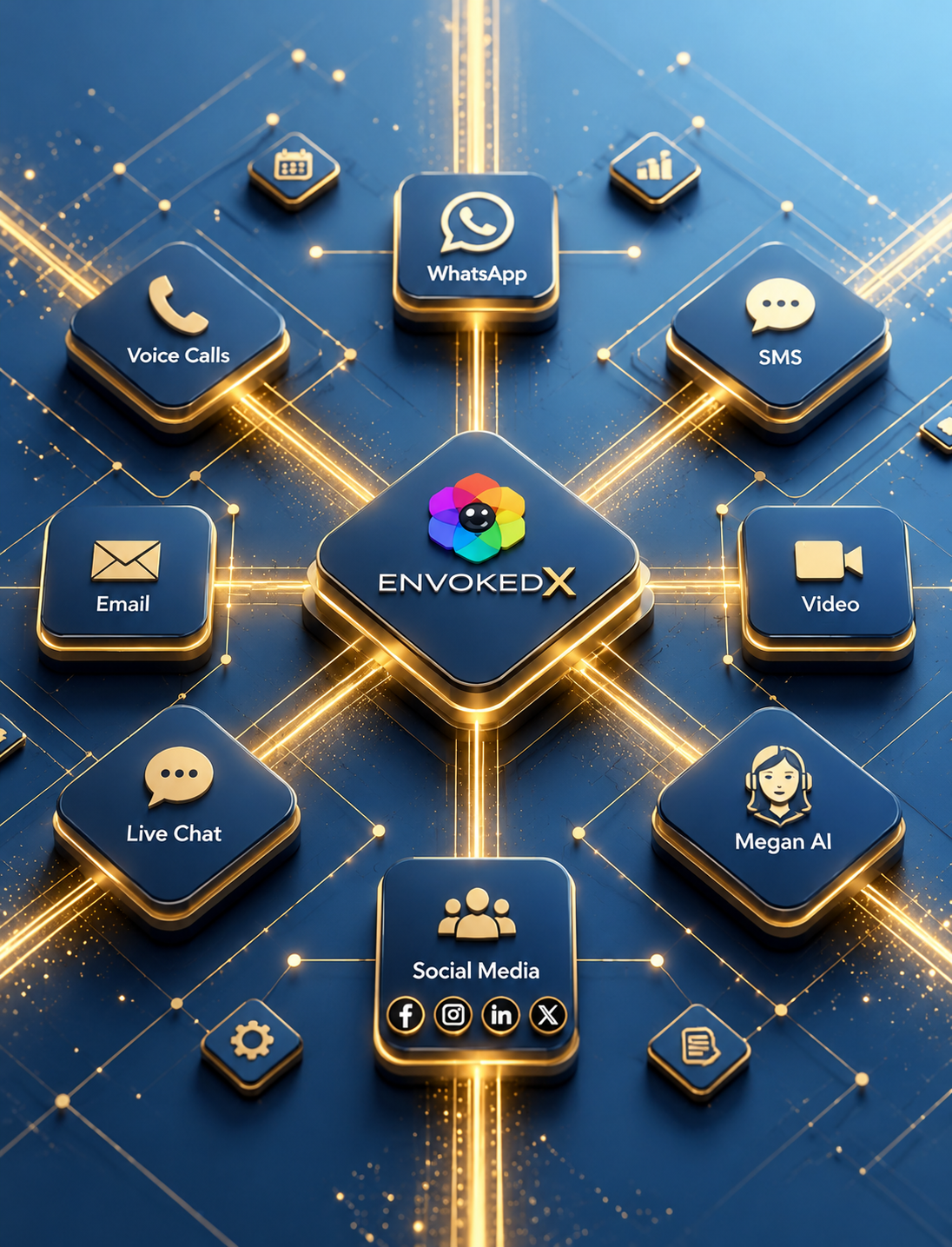 The eight communication channels — WhatsApp, SMS, video, Megan AI, social media, live chat, email and voice calls — connected through the central communication hub