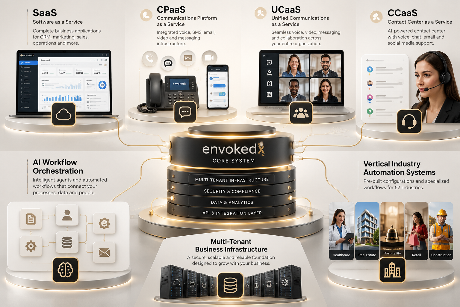 EnvokedX Core System architecture: SaaS, CPaaS, UCaaS, CCaaS, AI workflow orchestration and vertical industry automation built on multi-tenant business infrastructure.