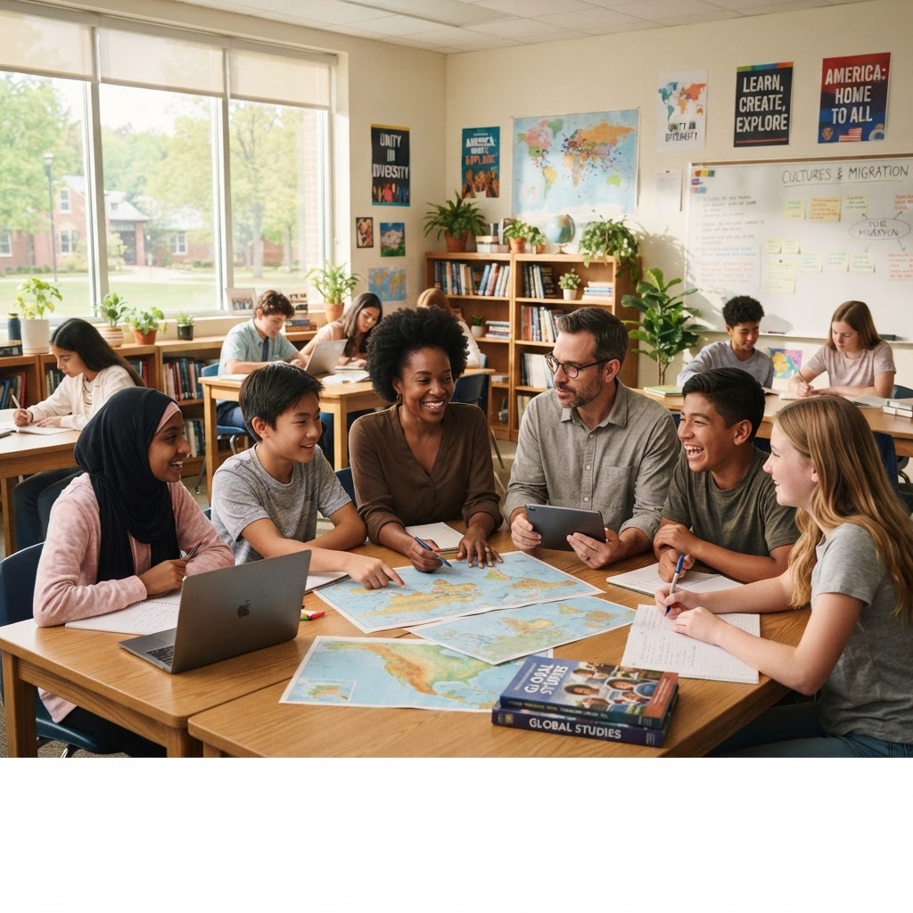 An international teacher working with students in a U.S. classroom