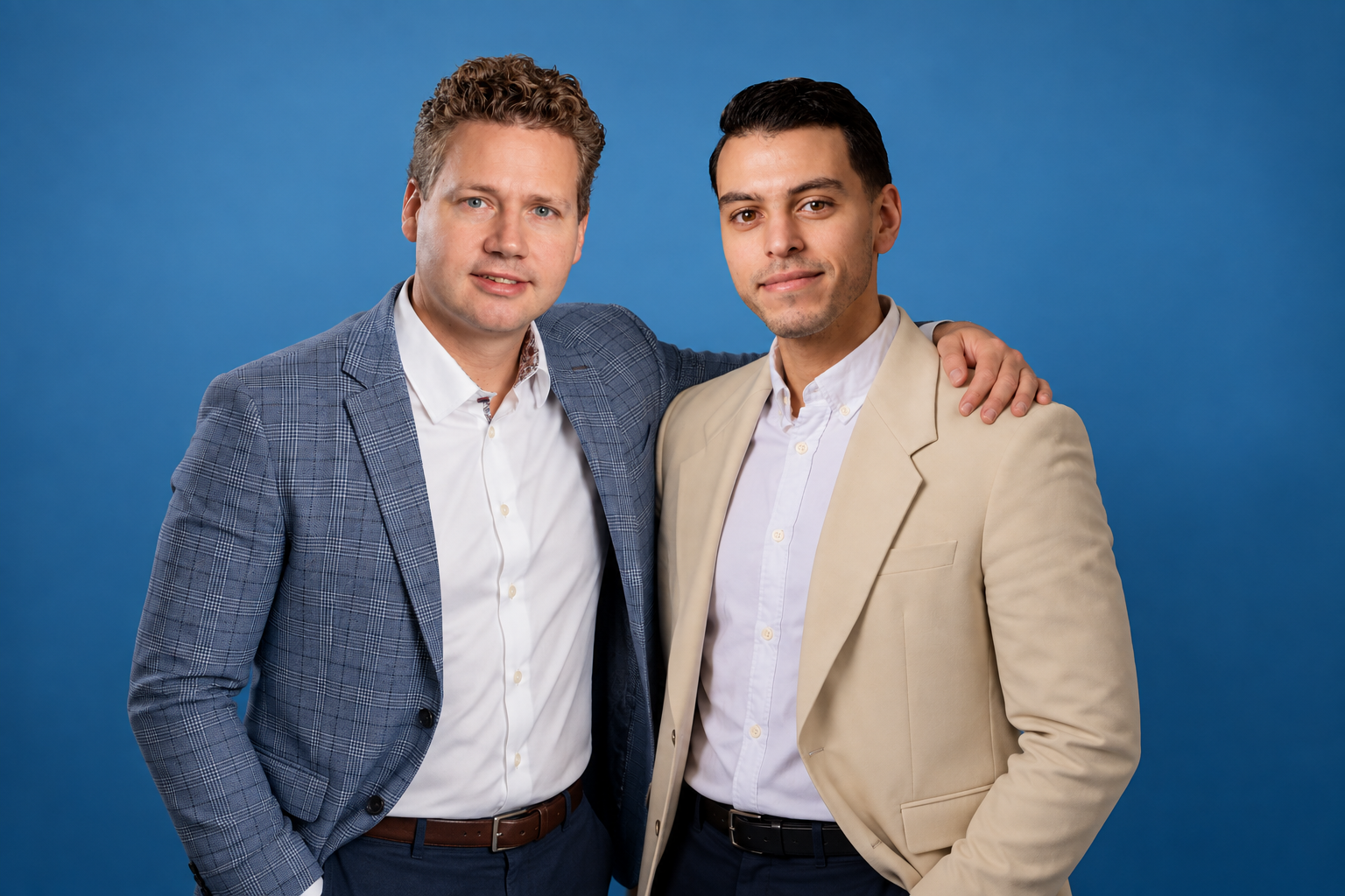 Mohamed Dallali en Marco van der Berg, oprichters van Interactify, in een blauwe studio-setting