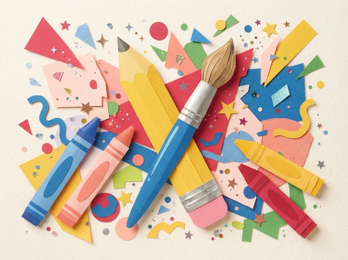 Cheerful cut-paper art supplies and pencil
