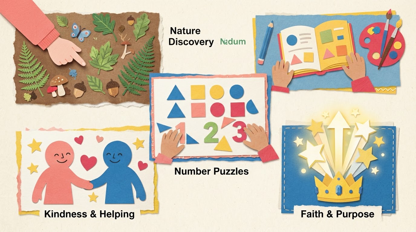 Cut-paper scenes for nature, reading, puzzles, helping, and faith