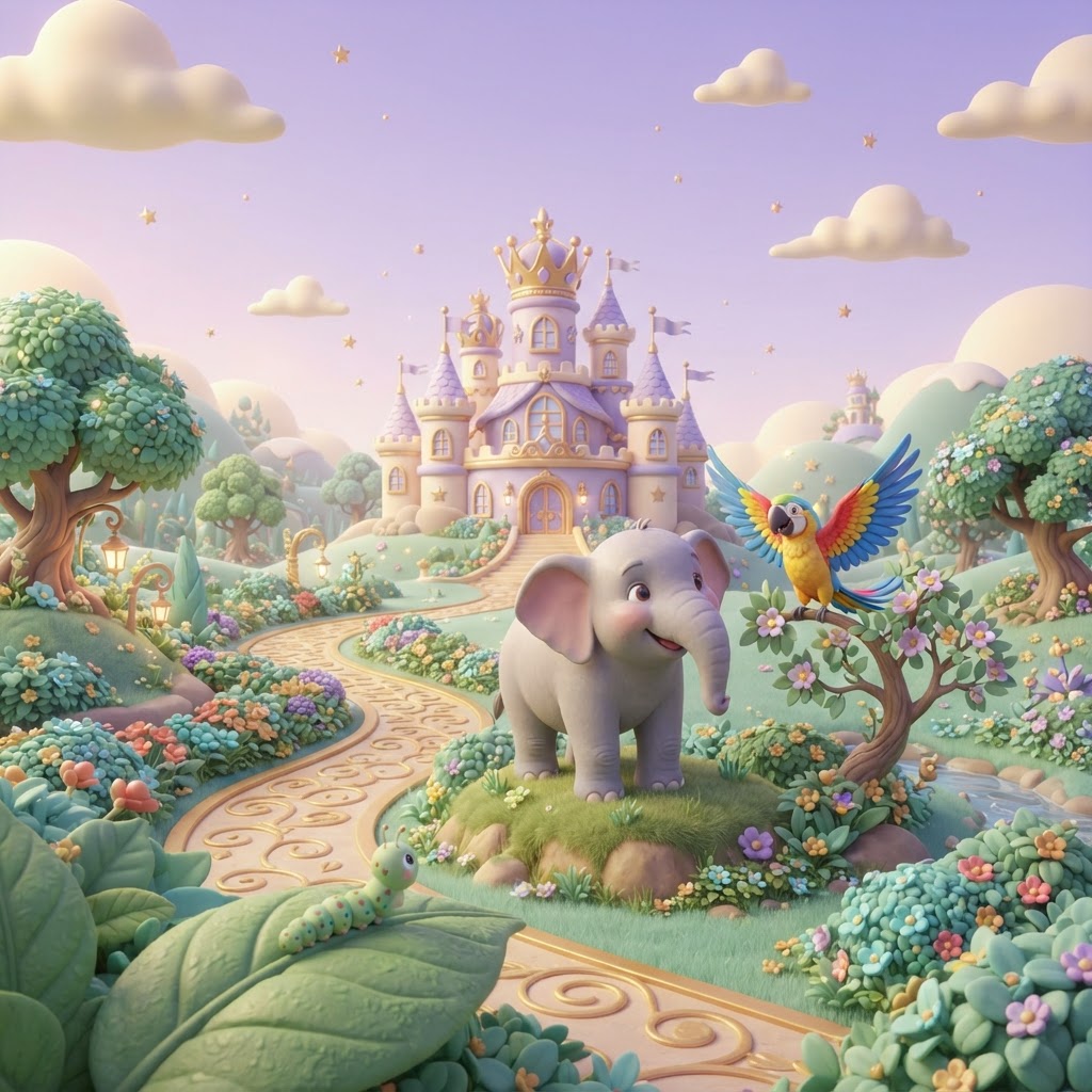 A welcoming learning castle in a garden, with a friendly elephant, parrot, and caterpillar