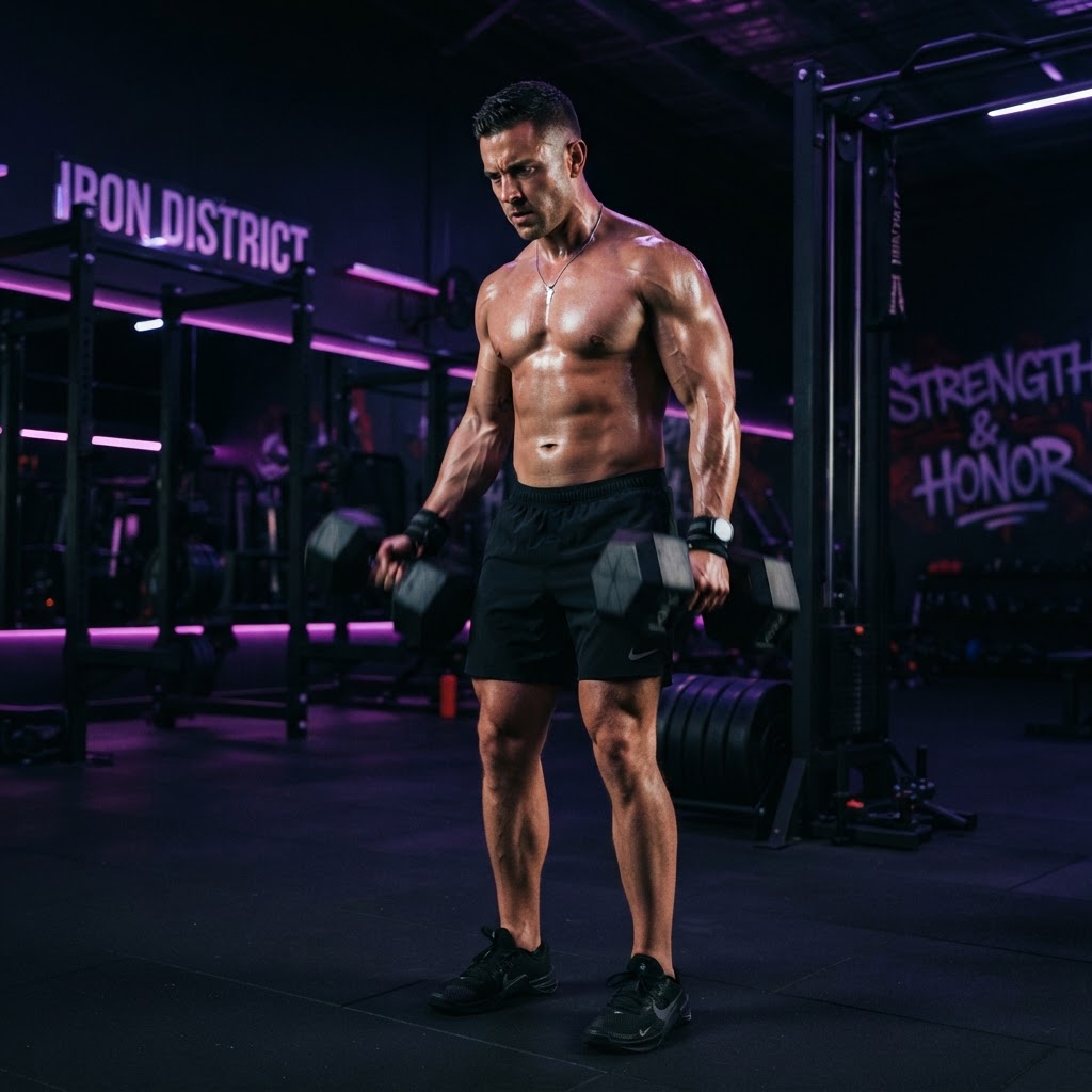 Male athlete training with dumbbells