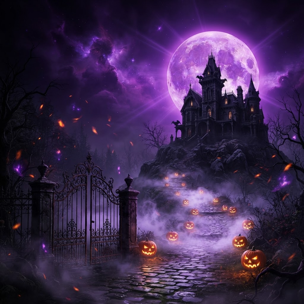 Gothic haunted mansion beneath a huge glowing purple moon, with carved jack-o'-lanterns lining a foggy cobblestone path