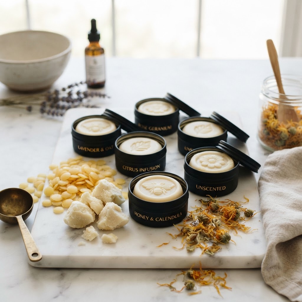Solid lotion bars in black tins on white marble with beeswax and calendula