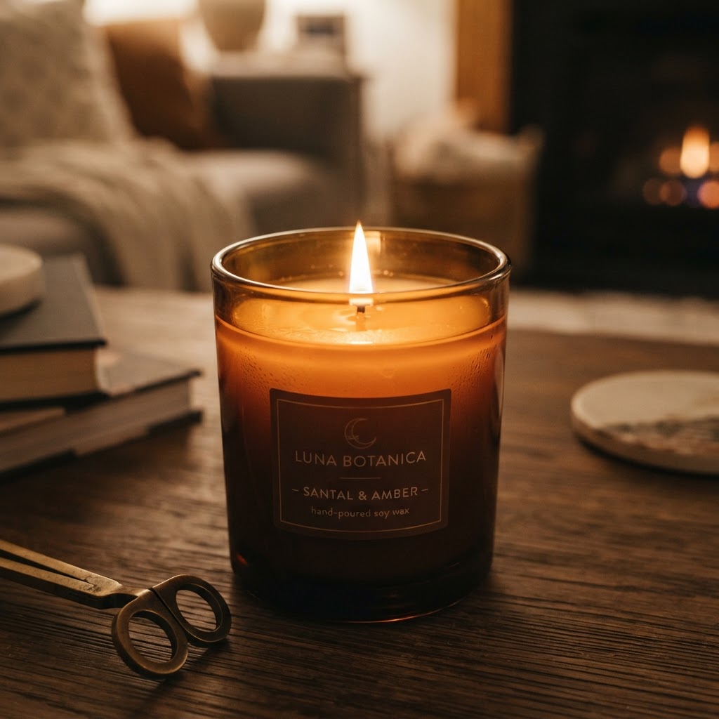 A beautiful, fully melted wax pool in a luxury candle, showing an even burn, warm glow, high-quality photography.