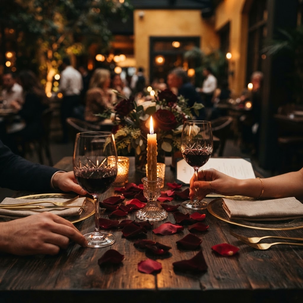 Candlelit evening table with warm amber glow and rose petals
