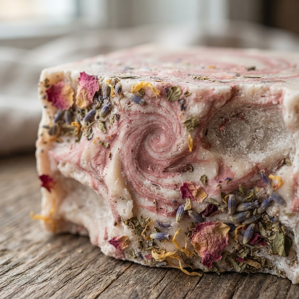 A close-up, macro shot of the texture of a cold-process soap bar, showing swirls of natural pink clay and botanical incl